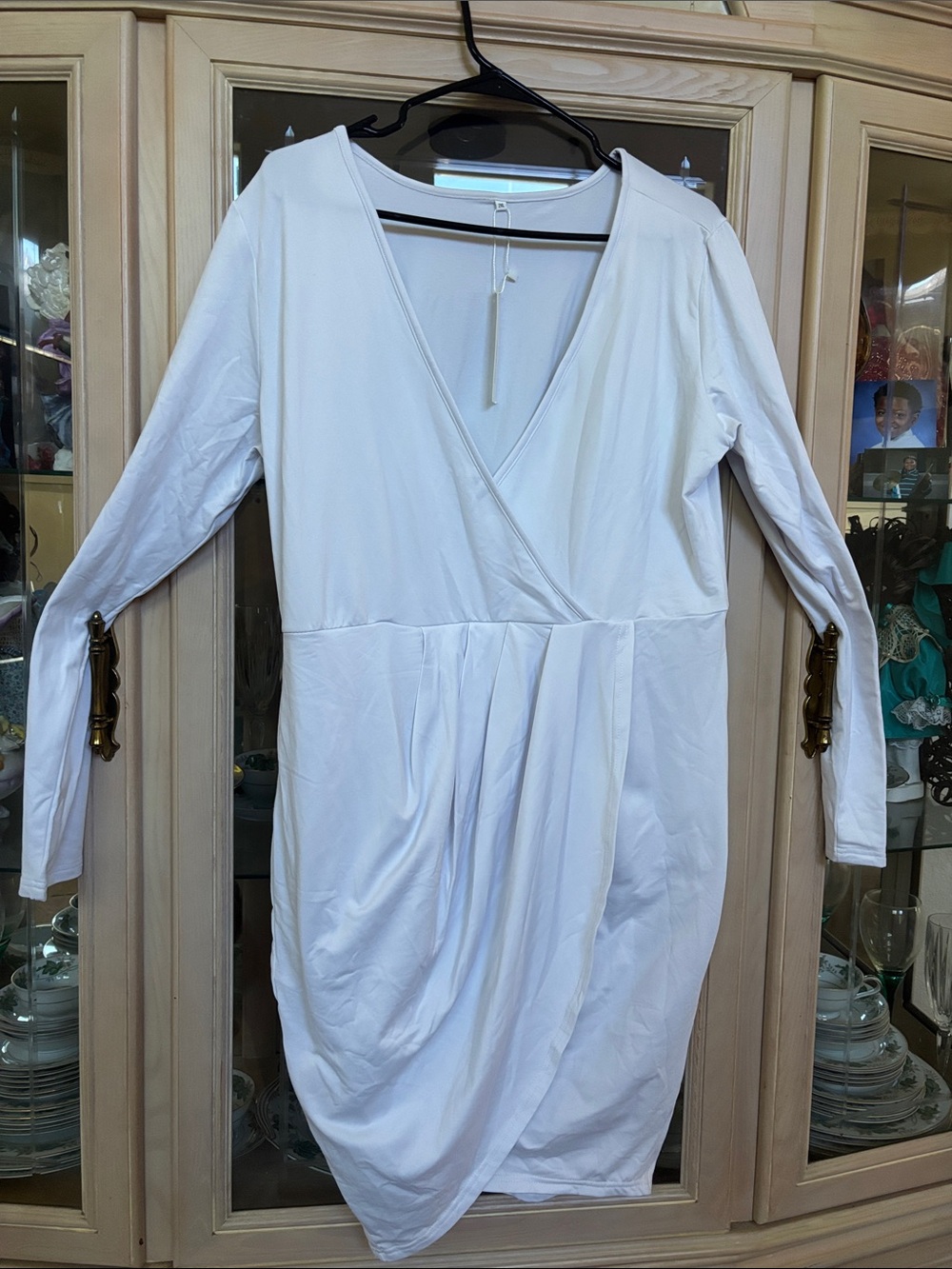 Classic White Long-Sleeve Wrap Dress - Picture 5 of 10
